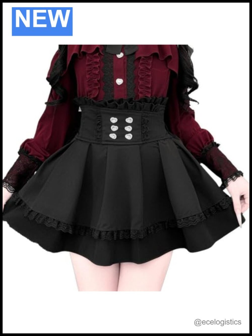 Gothic Pleated Skirt with Lace and Heart Buckles, High Waist Skater Skirt,